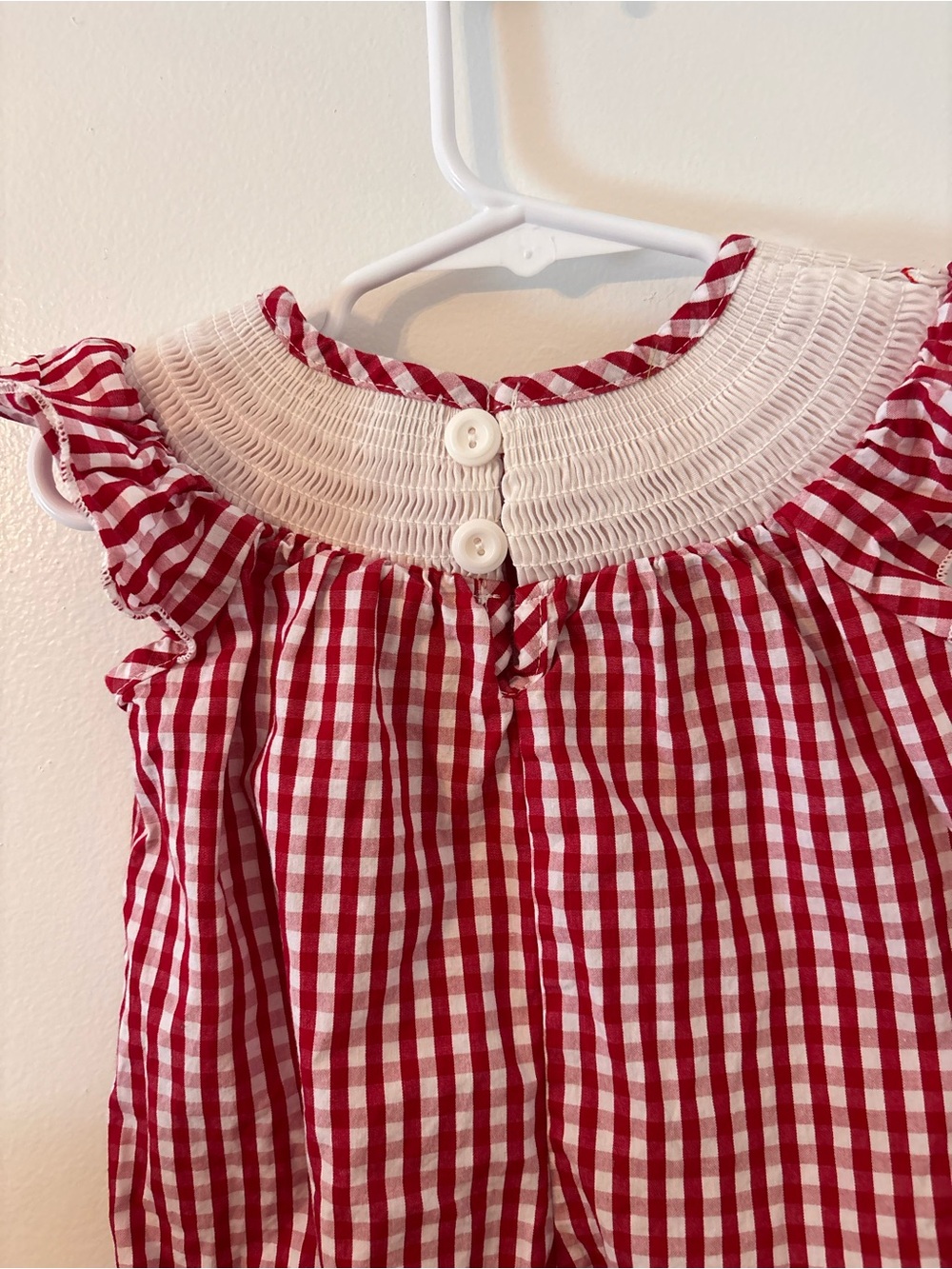 Clover Cottage Girls Red Gingham Smocked Romper with Baseball Embroidery - Picture 4 of 7